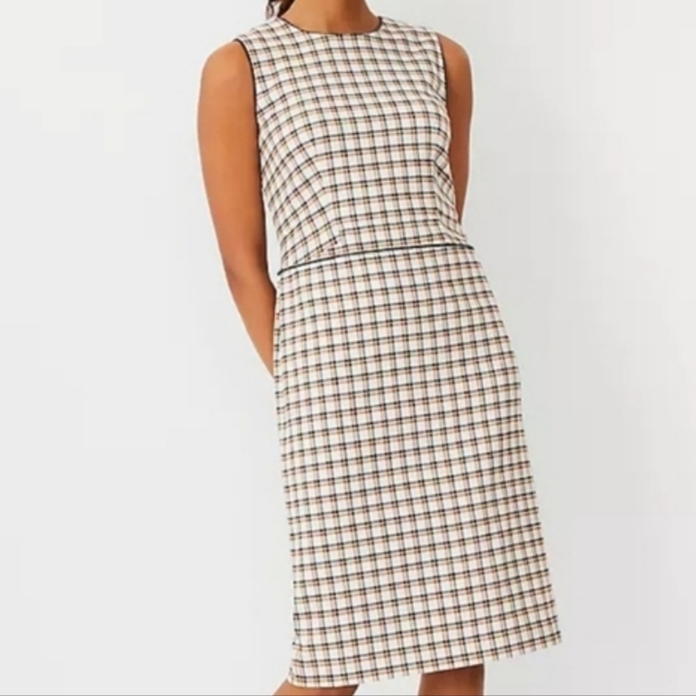 Ann Taylor Petite Plaid Sheath with Faux Leather Trim- NWT